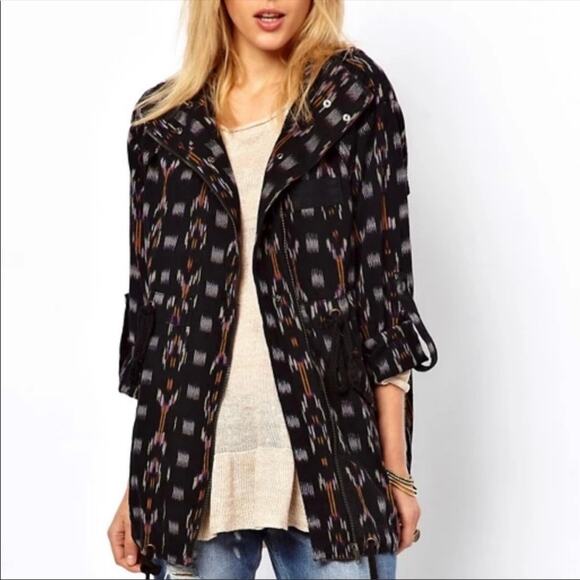 Free People Jackets & Blazers - Free People Ikat Print Hooded Utility Jacket Black Cotton Boho Lagenlook